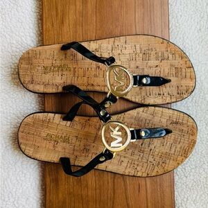 Michael Kors Black Plastic Gold MK Logo Cork-Effect Sandals